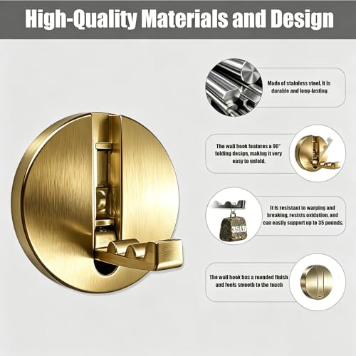 Foldable Heavy Duty Metal Wall Hooks - 2PCS Brushed Gold Towel Hooks