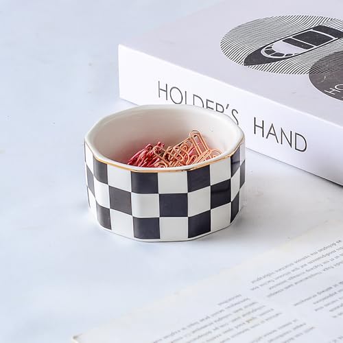 YOSCO Ceramic Checkered Paper Clip Holder - Black-01 Desk Organizer