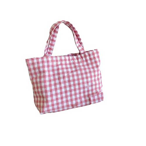 Joyhey Pink Plaid Canvas Tote Bag - Small 7.9" x 12.6" Grocery Beach Bag
