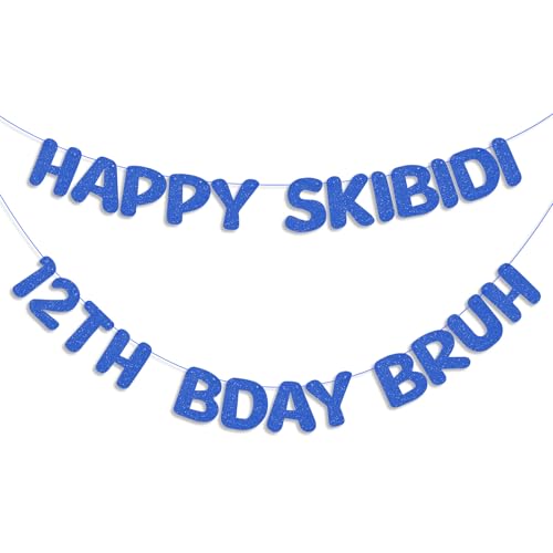 Happy Skibidi 12th Bday Bruh Glitter Banner Dark Blue Party Decoration