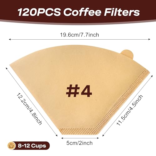 DechoPak 120 Count #4 Coffee Filters 8-12 Cup Unbleached Cone - Extra Strong & Durable