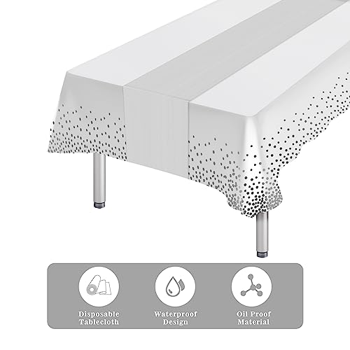 White and Silver Plastic Table Cloth & Satin Table Runner Set - 16 Pack