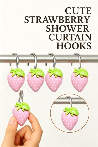 YOINIUEM Strawberry Shower Curtain Hooks, 12-Pack Resin Rings - Pink & Green