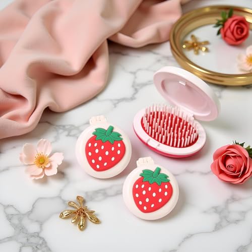 ZLmoue 2-Pack Strawberry Travel Hair Brush with Built-in Mirror