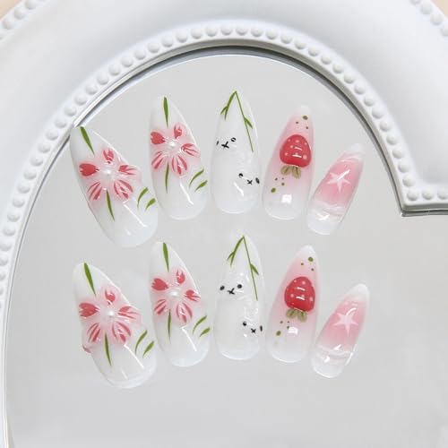 3D Flower Press on Nails Medium Almond Fake Nails with Pearls and Strawberry