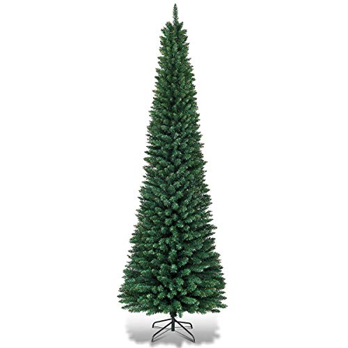 9ft Artificial Pencil Christmas Tree - Premium Hinged Pine with Solid Metal Legs - Green