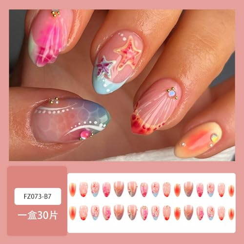 Pink Press on Nails Short Almond Fake Nails with Gold Beads 24Pcs