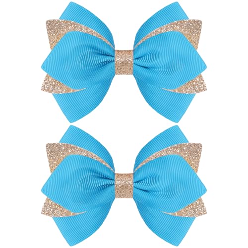 NCMAMA 4-Inch Sparkly Glitter Sky Blue Hair Bow Clips for Girls