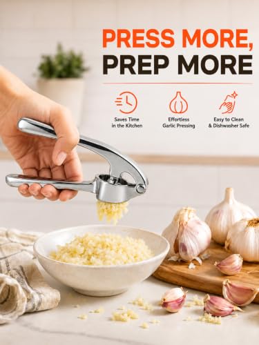 CUNSENR Silver Garlic Press and Peeler Set - Heavy Duty Mincer with Brush