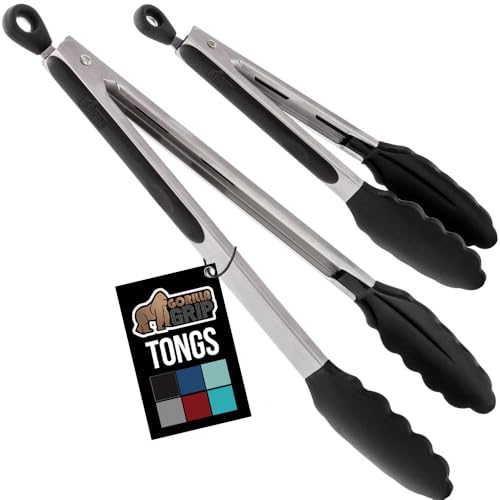 Gorilla Grip Stainless Steel Kitchen Tongs, 9" & 12" Set, Black Silicone Tips