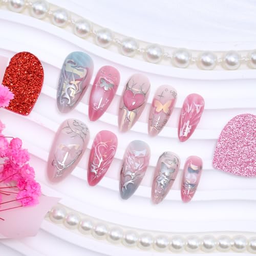 Pink Heart Press on Nails Medium Valentines Fake Nails with 3D Butterfly