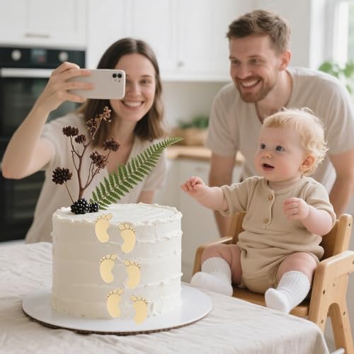 QUERDINOV 6 PCS Gold Acrylic Baby Foot Cake Toppers for Showers