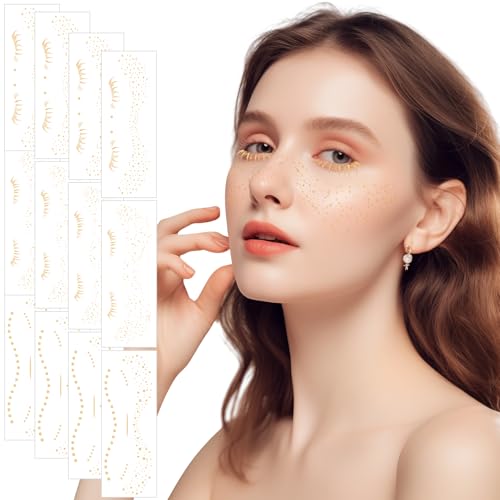 Mittimiya Gold Glitter Freckles Face Tattoo - 12 Sheets Waterproof Fairy Speckles Makeup Patches for Festivals and Raves