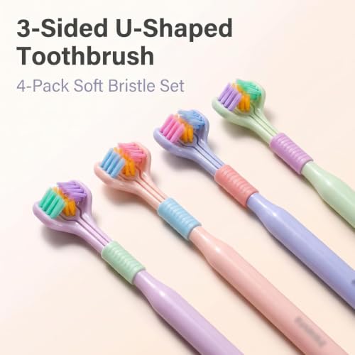 3-Sided Toothbrush Soft Bristle 4-Pack for Adults and Youth Oral Care