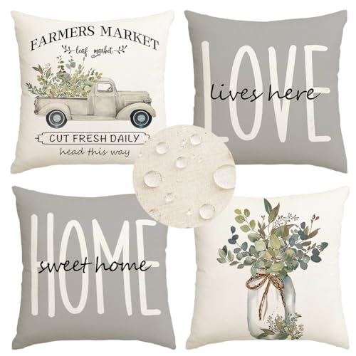 RABUSOFA Farmhouse Waterproof Pillow Covers 20x20 Inch, Gray Set of 4
