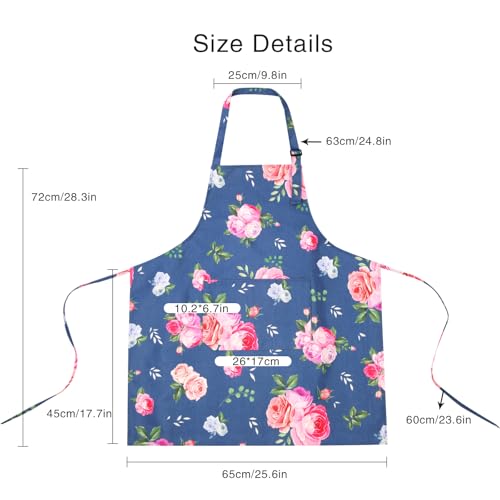 Blue Floral Apron for Women - Waterproof Cotton Canvas with Pockets