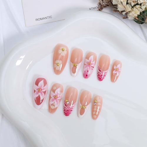 Flower French Tip Press On Nails Medium Almond Pink Fake Nails With Rhinestones
