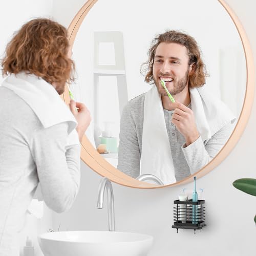 Wall Mounted Toothbrush Holder with Fast Dry Tray - 2 Slots, Black