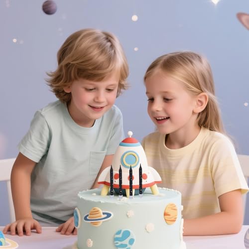 Galaxy Space Themed Birthday Cake Candles - 12 Long Black Cupcake Toppers