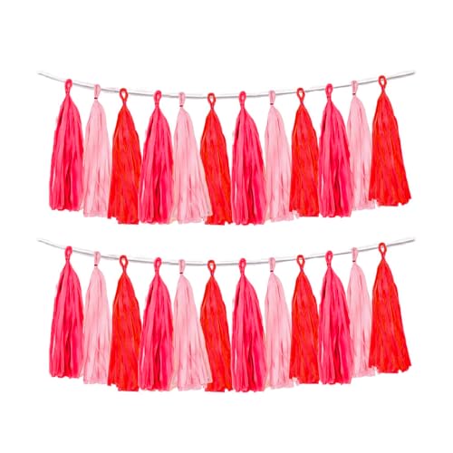 Red and Pink Tassel Garland Banner - 15 Tissue Paper Tassels for Party Decor