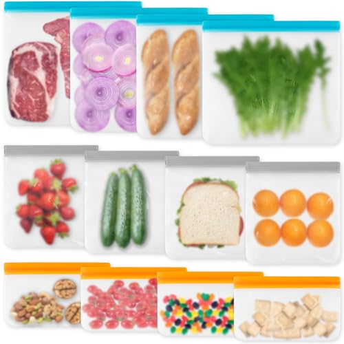 VUEKYN 12 Pack Reusable Silicone Freezer Bags - 4 Snack, 4 Sandwich, 4 Gallon