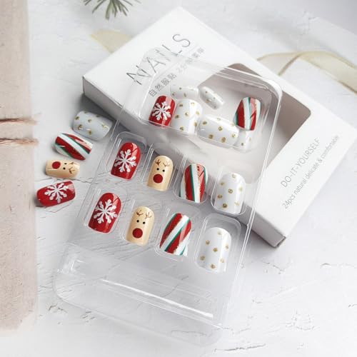 Christmas Press on Nails Short Square Snowflake Reindeer False Nails