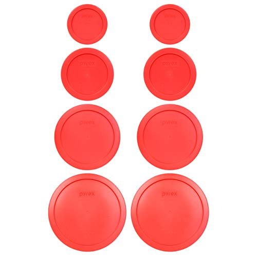 Pyrex (2) 7202-PC 1 Cup, (2) 7200-PC 2 Cup, (2) 7201-PC 4 Cup, (2) 7402-PC 6/7 Cup Red Round Plastic Food Storage Lids, Made in USA