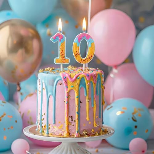 10th Birthday Baseball Number Candles, Ice Cream Drip Cake Topper Set