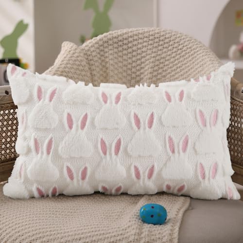 Easter Pillow Cover 12x20 Inch Soft Plush White Rabbit Design
