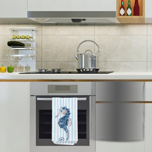 Sea Horse Kitchen Towels - Blue Striped Seahorse Design, 16x24 Inch