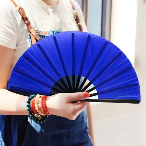 13-Inch Large Handheld Folding Rave Fan for Line Dancing - Blue