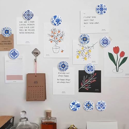 12-Piece Blue Flower Glass Refrigerator Magnets, 1.2-Inch Boho Fridge Decor