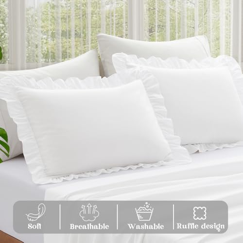 KKJIAF Ruffle Pillowcases, Standard 20x26 Inch White Microfiber Set of 2