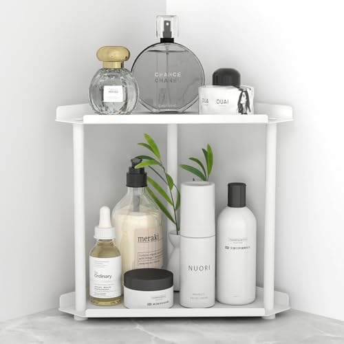 2-Tier White Corner Bathroom Counter Organizer by FLE