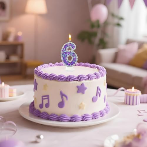 Lurevian Silver-Purple Fantasy Number 6 Birthday Candle with Glitter Star Fill, Cake Topper