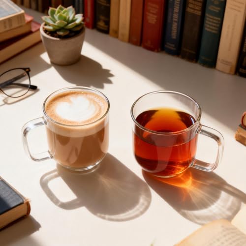 BWODYAY 8 oz Glass Coffee Mugs, Set of 2 Clear Borosilicate Tea Cups