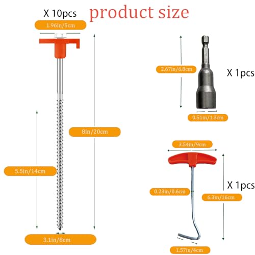 10-Pack 8" Heavy Duty Screw in Tent Stakes, Drill-in Non-Rust Ground Anchor Pegs, Metal Tent Accessories for Camping, Garden, Hiking, Orange