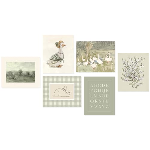 Sage Green Nursery Wall Art Set - 6Pcs Vintage Floral Animal Prints 8x10