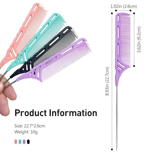 Kootinn 4 Pcs Rat Tail Comb Set with Metal Needle Stem for Hair Styling