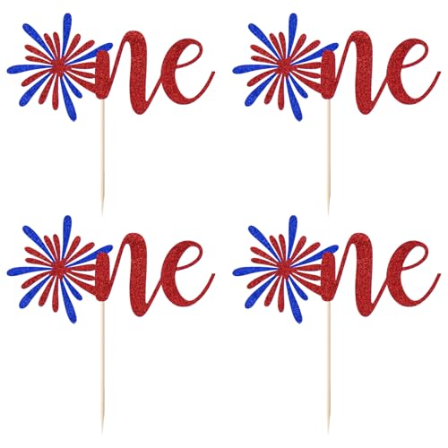4th of July Cake Toppers - Red, White & Blue Glitter Set for 1st Birthday