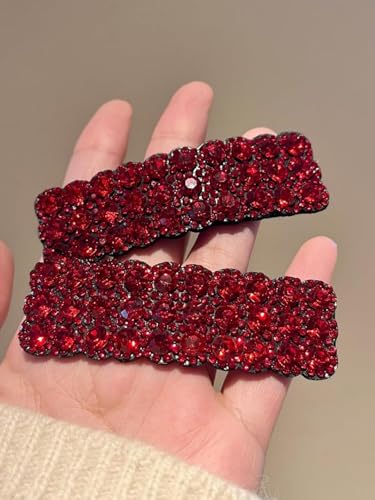 Red Rhinestone Hair Barrettes Snap Clips - 2Pcs Korean Hair Accessories