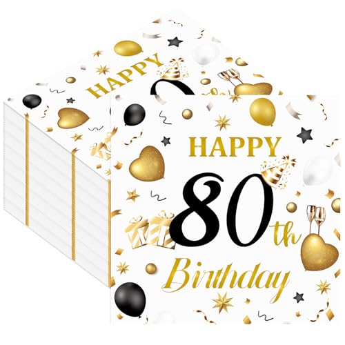 50-Pack 80th Birthday Paper Napkins - White & Gold Elegant Design