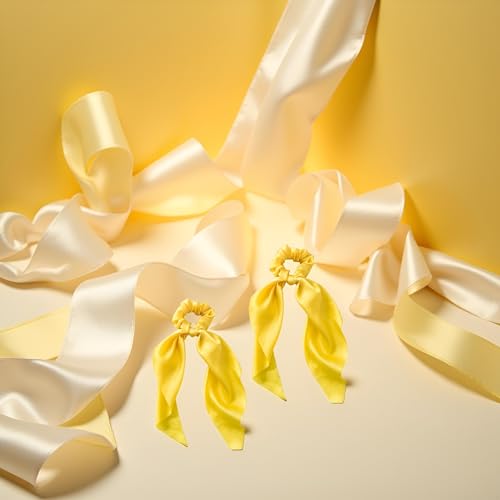 Yellow Satin Ribbon Bow Scrunchies 2-Pack Hair Ties for Ponytails