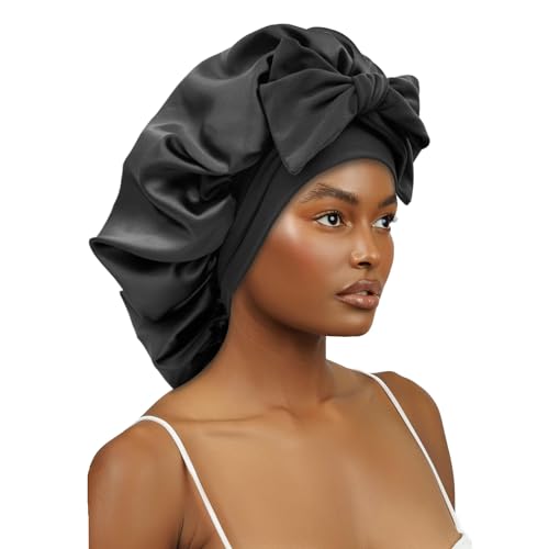 Satin Silk Sleep Bonnet for Women Large Hair Cap with Tie Band