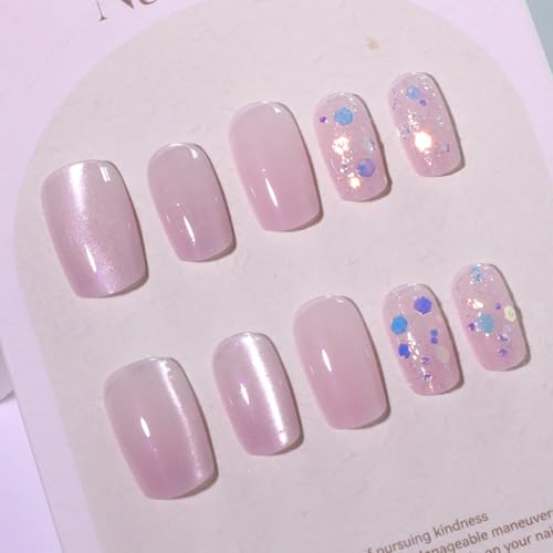 Cat Eye Press On Nails Medium Squoval Nude Pink Acrylic Fake Nails Kit