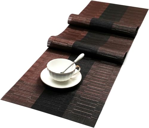 SHACOS Woven Vinyl Table Runner 12x36 Inch Ombre Coffee Black Waterproof Indoor Outdoor Decor