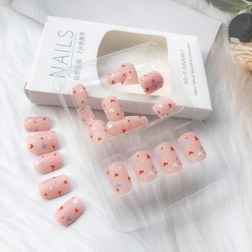 Short Square Heart Press on Nails Nude Fake Nails Kit 24Pcs