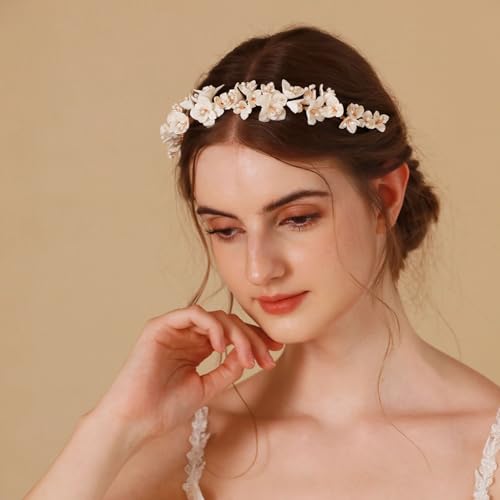 SELFCLOUD Handmade Resin Clay Flower Bridal Headband Gold Wedding Headpiece
