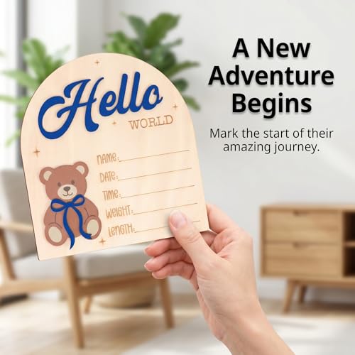 Wooden Hello World Baby Announcement Sign with Bear - Newborn Photo Prop