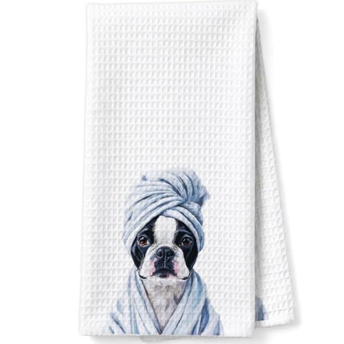 Boston Terrier Waffle Weave Bathroom Towels for Dog Lovers